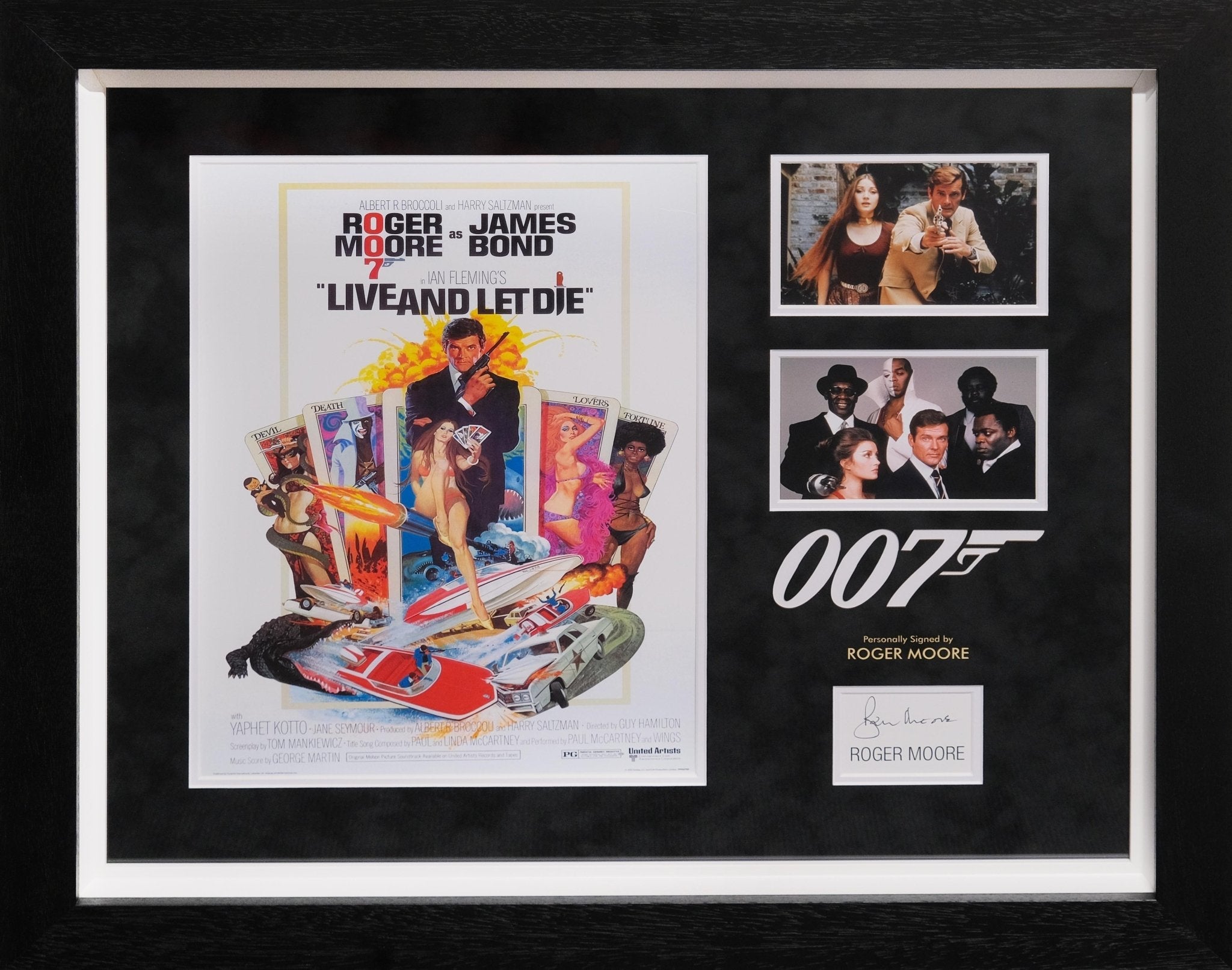 Roger Moore, 007 Signed White Card Photograph Framed Display - Memorabilia Framers Shop